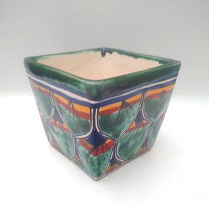4"Tall Square Planter Hand Painted Ceramic Flower/Succulent/Herbs Pot Drain Hole